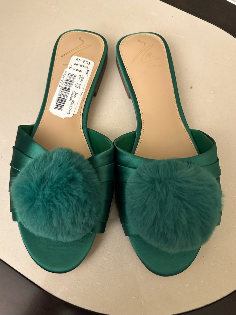 The Nat Note Teal Satin Pom-Pom Slide Mules